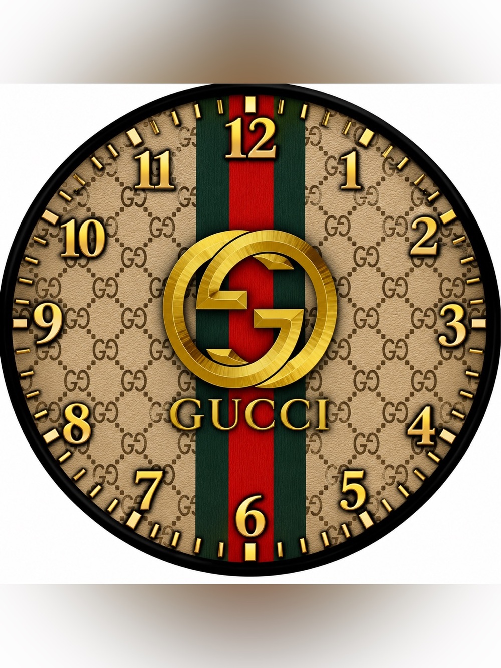 Guicci inspired Beige Wall Clock with Red and Green Stripe and Gold Accents